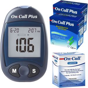 دستگاه تست قند خون ایکان مدل on call plus g113 111 به همراه دو بسته نوار تست و یک بسته سوزن