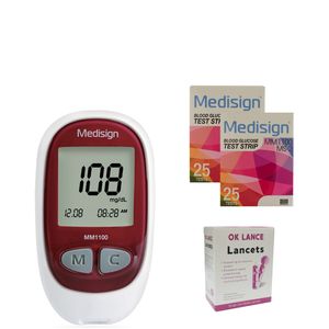 دستگاه تست قندخون مدیساین مدل mm1100 به همراه دو بسته نوار تست و یک بسته سوزن