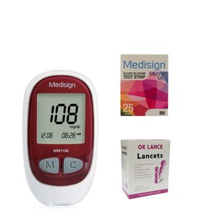 دستگاه تست قندخون مدیساین مدل mm1100 به همراه یک بسته نوار تست و یک بسته سوزن