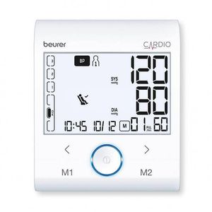 فشارسنج بازویی دیجیتال بیورر مدل bm96 با صفحه نمایش xl و نور پس‌زمینه سفید تشخیص آریتمی پیشرفته شاخص ریسک حافظه دو کاربره هرکدام 60 رکورد اتصال بلوتوث و usb نمایش میانگین نتایج و هشدار باتری ضعیف