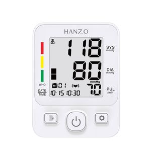فشارسنج بازویی دیجیتال هانزو مدل 806 با نمایشگر led ظرفیت حافظه 99 رکورد دو پروفایل کاربر اندازه‌گیری فشار خون و ضربان قلب هشدار آریتمی نمایش تاریخ و میانگین نتایج منبع تغذیه برق و باتری کابل type c و کیف