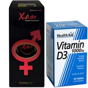 قرص ایکس اید گلدن لایف بسته 60 عددی به همراه قرص ویتامین d3 1000 واحد هلث اید بسته 30 عددی