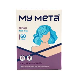 قرص بیوتین 4500mcg مای متا تقویت‌کننده سلامت پوست مو و ناخن ضد ریزش افزایش استحکام و ضخامت مو و ناخن کمک به ترمیم و پیشگیری از شکنندگی