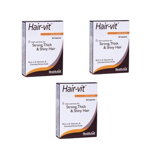 قرص تقویت مو هلث اید مدل hair vit بسته سه‌تایی 30 عددی حاوی ویتامین‌های گروه b و آمینواسیدهای ضروری برای استحکام ضخامت و درخشندگی مو مناسب بزرگسالان و افراد بالای 16 سال