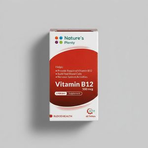 قرص ویتامین b12 نیچرز پلنتی 500 میکروگرم بسته 60 عددی مناسب بزرگسالان بهبود کم‌خونی و سلامت مغز و اعصاب