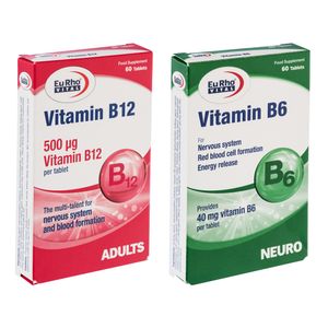 قرص ویتامین b12 یوروویتال بسته 60 عددی به همراه قرص ویتامین ب 6 یوروویتال بسته 60 عددی