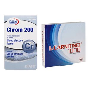 قرص کروم 200 میکروگرمی یورو ویتال بسته 60 عددی به همراه ویال خوراکی ال کارنیتین 1000 میلی گرمی بی اس کی بسته 10 عددی