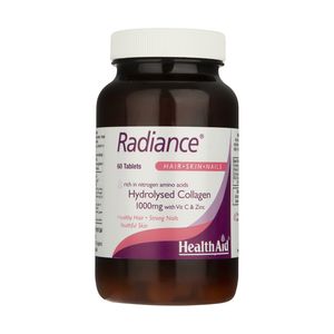 قرص کلاژن هیدرولیز شده هلث اید مدل radiance با 1000 میلی‌گرم کلاژن ویتامین c و زینک بهبود سلامت پوست مو و ناخن تقویت مفاصل و افزایش استحکام ناخن‌ها بسته 60 عددی