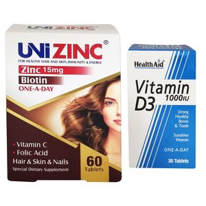 قرص یونی زینک ابیان بسته 60 عددی به همراه قرص ویتامین d3 1000 واحد هلث اید بسته 30 عددی