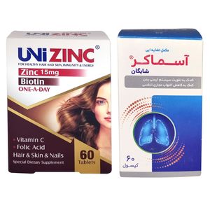 قرص یونی زینک لیبرتی سوییس بسته 60 عددی به همراه کپسول آسماکر دارو افشان شایگان بسته 60 عددی