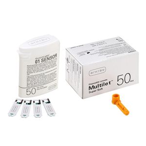 نوار تست قند خون آرکری مدل glucocard 01 sensor بسته 50 عددی به همراه سوزن تست قند خون آرکری مدل multilet super soft بسته 50 عددی
