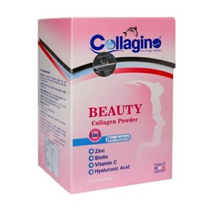 پودر کلاژن تقویت‌کننده پوست مو و ناخن کلاژینو بیوتی مدل beauty حاوی کلاژن پپتاید ماهی ویتامین سی زینک بیوتین و هیالورونیک اسید مکمل 5 در 1 ضدپیری و آنتی‌اکسیدان ساخت فرانسه بسته 30 عددی