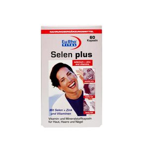 کپسول تقویت پوست مو و ناخن یوروویتال مدل selen plus بسته 60 عددی با سلنیوم ویتامین‌های گروه b آنتی‌اکسیدان قوی حمایت از سیستم ایمنی تنظیم هورمون‌های تیروئیدی و افزایش انرژی