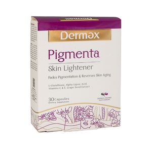 کپسول روشن‌کننده پوست درمکس مدل pigmenta بسته 30 عددی با ترکیبات آنتی‌اکسیدان قوی کاهش چین و چروک رفع لکه‌های تیره و محافظت در برابر آسیب اکسیداتیو سلولی