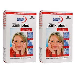کپسول زینک پلاس یوروویتال مدل zink plus دو بسته 60 عددی تقویت مو ناخن و ترمیم پوست حفظ استحکام پوست و ضد ریزش مو