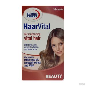 کپسول مراقبت مو یوروویتال haarvital حاوی بیوتین روی مس ویتامین‌های گروه b و آمینو اسید تقویت رشد و حفظ سلامت مو بسته 30 عددی