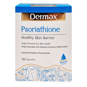 کپسول مکمل سلامت پوست درمکس سوریاتیون مدل psoriathione با فرمولاسیون گلوتاتیون لیپوزومال و فیتوسرامید حفظ رطوبت و استحکام پوست کاهش چین و چروک و عوارض پسوریازیس ضد التهاب و آنتی‌اکسیدان تقویت مو و ناخن فاقد گلوتن و نگهدارنده بسته 30 عددی