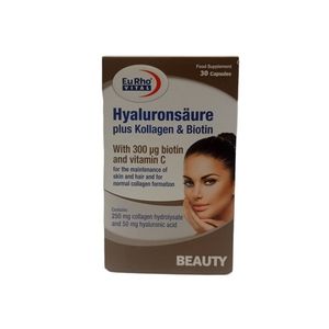 کپسول مکمل پوست مو و ناخن یوروویتال مدل hyaluronsäure plus kollagen & biotin بسته 30 عددی با هیالورونیک اسید 50mg کلاژن هیدرولیز شده 250mg بیوتین 300mcg و ویتامین c برای تقویت سلامت پوست افزایش استحکام کلاژن و بهبود سلامت مو و ناخن