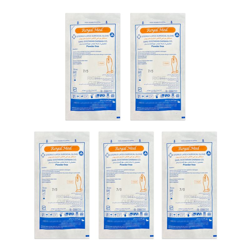 دستکش جراحی غیر پودری رویال مد مدل sterile سایز 7_5 بسته 5 عددی