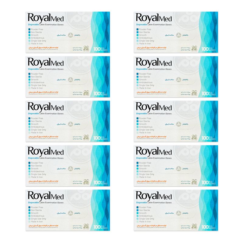 دستکش لاتکس رویال‌مد مدل powder free سایز m ده بسته 100 عددی