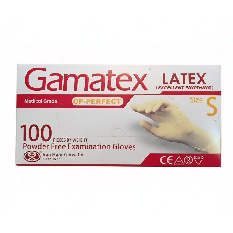 دستکش لاتکس غیر پودری حریر مدل گاماتکس سایز کوچک (s) بسته ۱۰۰ عددی