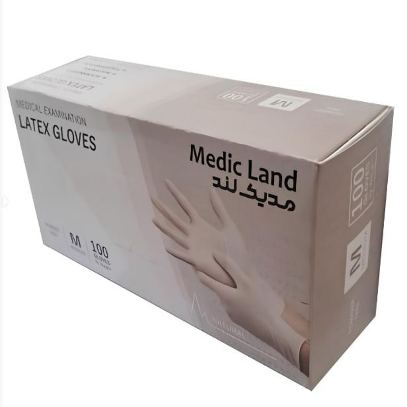 دستکش لاتکس غیر پودری مدیک لند مدل 01 سایز متوسط (m) بسته 100 عددی
