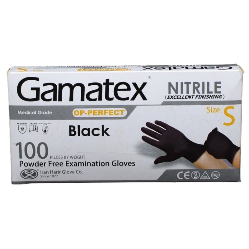 دستکش نیتریل غیر پودری حریر مدل black gamatex سایز کوچک (s) بسته 100 عددی