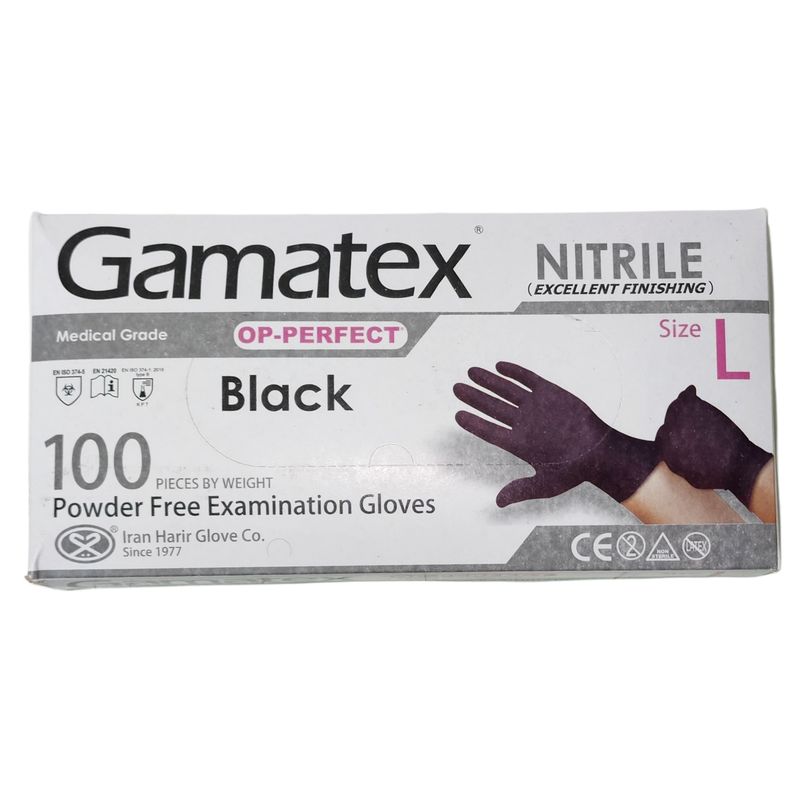 دستکش نیتریل غیر پودری حریر مدل gamatex سایز بزرگ (l) بسته 100 عددی