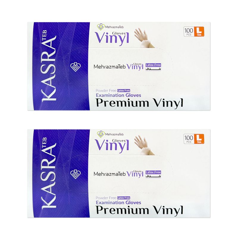 دستکش وینیل غیر پودری کسری طب مدل latex free سایز بزرگ بسته 2 عددی