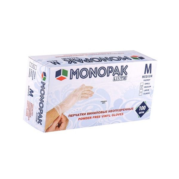دستکش وینیل مونوپاک مدل 01m سایز مدیوم بسته 100 عددی