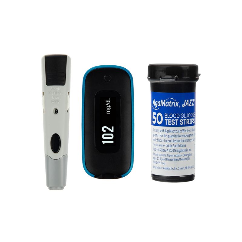 دستگاه تست قند خون آگاماتریکس مدل agamatrix jazz wireless 2 به همراه نوار تست قند خون بسته 50 عددی