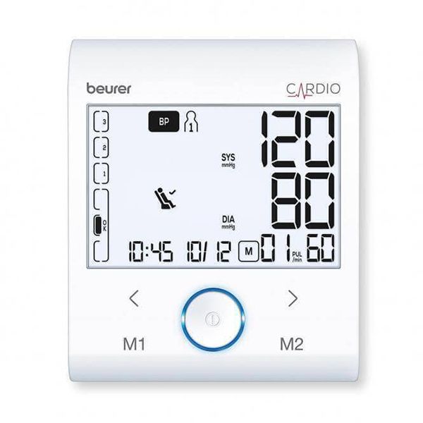 فشارسنج بازویی دیجیتال بیورر مدل bm96 با صفحه نمایش xl و نور پس‌زمینه سفید تشخیص آریتمی پیشرفته شاخص ریسک حافظه دو کاربره هرکدام 60 رکورد اتصال بلوتوث و usb نمایش میانگین نتایج و هشدار باتری ضعیف
