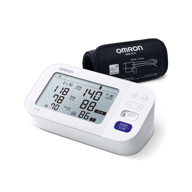 فشارسنج دیجیتال بازویی امرن مدل m6 comfort با حافظه بالای 99 رکورد دو پروفایل کاربری نمایش میانگین نتایج تشخیص آریتمی و خطای محاسباتی همراه کیف حمل و باتری قلمی aa