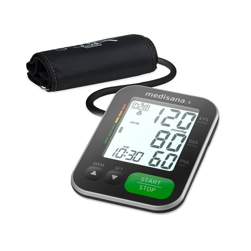 فشارسنج دیجیتال بازویی مدیسانا مدل bu 570b با صفحه نمایش lcd بزرگ و نور پس‌زمینه حافظه 120 عددی برای 2 کاربر تشخیص آریتمی انتقال داده بلوتوث و کاف مناسب بازو 22 تا 42 سانتی‌متر