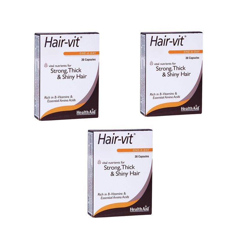 قرص تقویت مو هلث اید مدل hair vit بسته سه‌تایی 30 عددی حاوی ویتامین‌های گروه b و آمینواسیدهای ضروری برای استحکام ضخامت و درخشندگی مو مناسب بزرگسالان و افراد بالای 16 سال