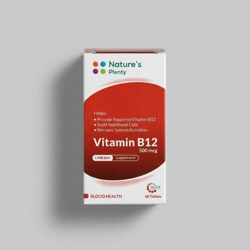 قرص ویتامین b12 نیچرز پلنتی 500 میکروگرم بسته 60 عددی مناسب بزرگسالان بهبود کم‌خونی و سلامت مغز و اعصاب