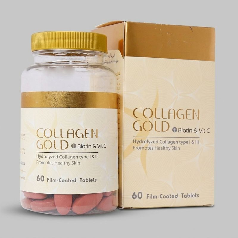 قرص کلاژن هیدرولیز شده آدریان مدل collagen gold با ویتامین c و بیوتین بهبود سلامت پوست مو و ناخن افزایش الاستیسیته و کاهش علائم پیری بسته 60 عددی