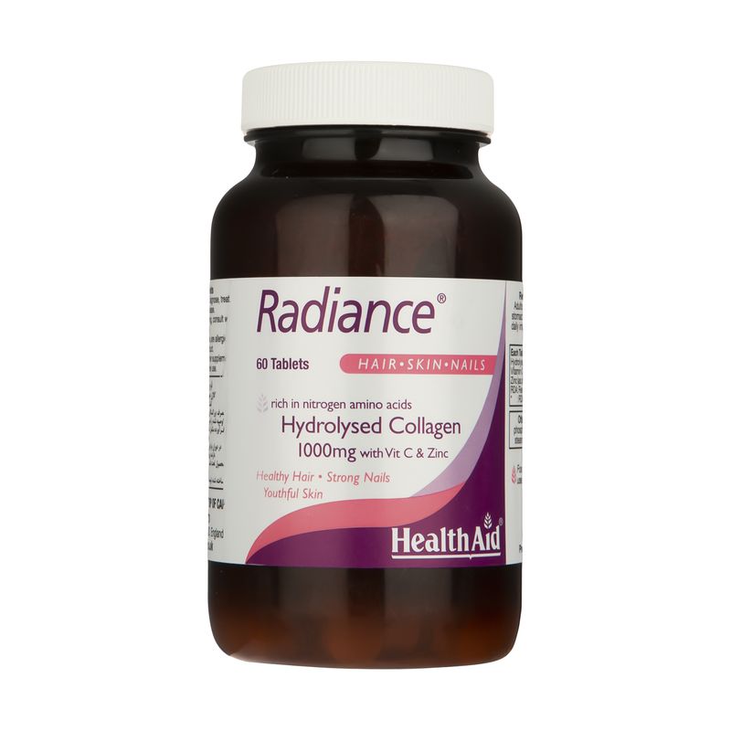 قرص کلاژن هیدرولیز شده هلث اید مدل radiance با 1000 میلی‌گرم کلاژن ویتامین c و زینک بهبود سلامت پوست مو و ناخن تقویت مفاصل و افزایش استحکام ناخن‌ها بسته 60 عددی
