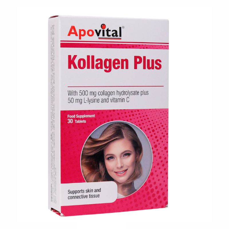 قرص کلاژن پلاس آپوویتال مدل kollagen plus حاوی کلاژن هیدرولیز شده ویتامین سی و ال لیزین کمک به حفظ استحکام پوست کاهش چین و چروک تقویت رشد مو و ناخن و بهبود عملکرد مفاصل بسته 30 عددی ساخت آلمان