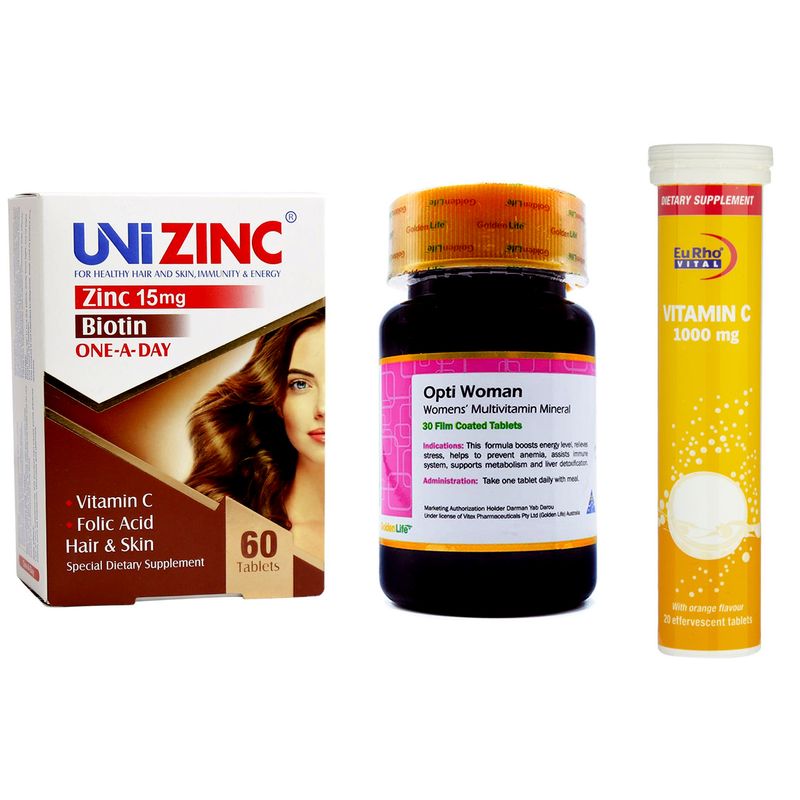 قرص یونی زینک لیبرتی سوییس بسته 60 عددی به همراه قرص اپتی وومن گلدن لایف بسته 30 عددی به همراه قرص جوشان ویتامین c 1000 میلی گرم یوروویتال بسته 20 عددی