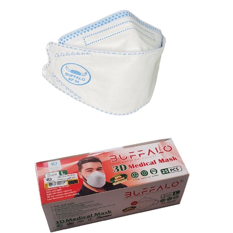 ماسک تنفسی سه بعدی 5 لایه سایز لارج بوفالو مدل سفید رنگ   جعبه 25 عددی ( large )