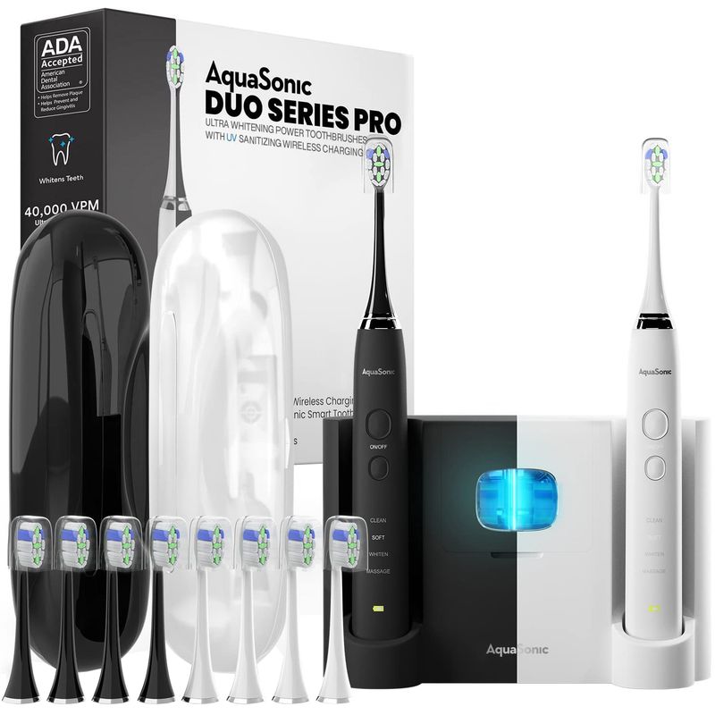 مسواک برقی آکواسونیک مدل duo pro مجموعه 2 عددی به همراه سری یدک بسته 8 عددی