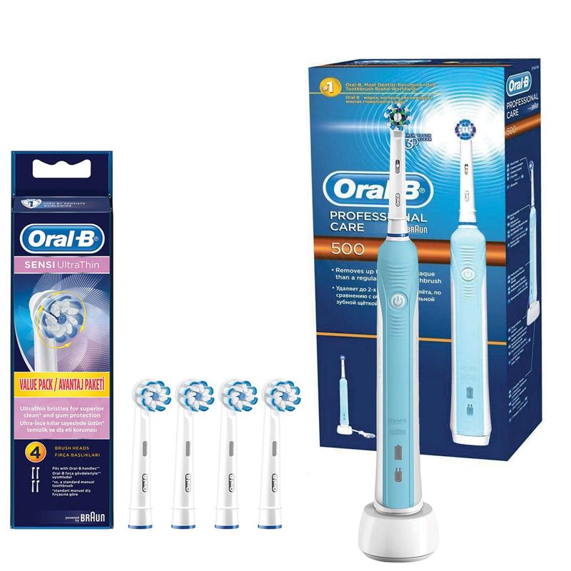 مسواک برقی اورال بی مدل professional care 500 به همراه سری یدک مسواک برقی اورال بی مدل oral b sensi ultrathin بسته 4 عددی