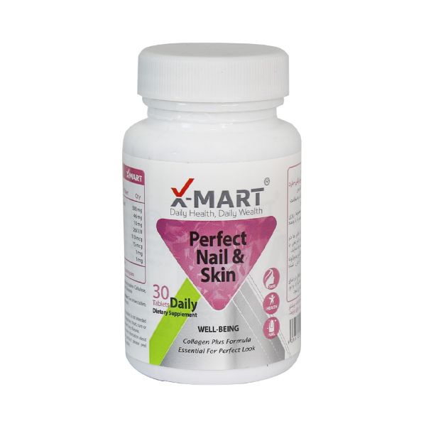 مکمل تقویت پوست مو و ناخن ایکس مارت مدل perfect nail & skin با 500 میلی‌گرم کلاژن هیدرولیز شده حاوی بیوتین ویتامین c d3 و زینک فرموله شده در سوئیس بسته 30 عددی