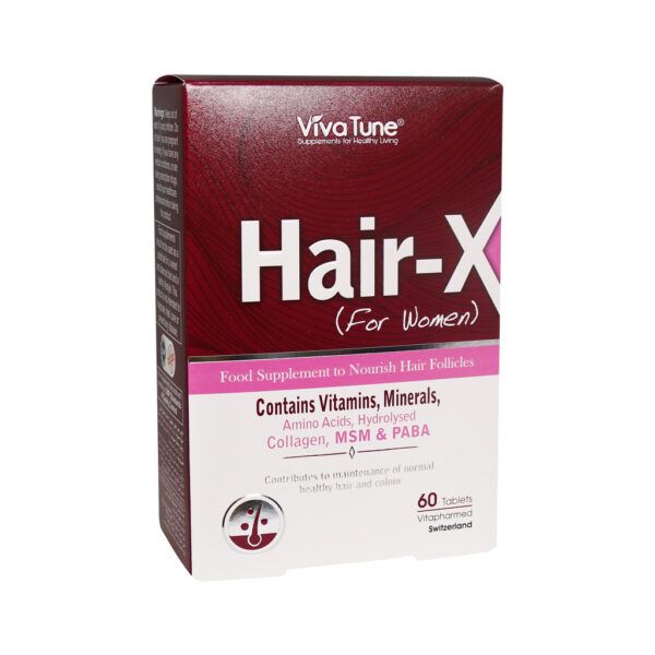 مکمل غذایی تقویت و حفظ سلامت مو بانوان ویوا تون مدل hair x با کلاژن هیدرولیز شده ویتامین‌ها آمینو اسید بیوتین روی سلنیوم msm و paba تغذیه عمیق فولیکول و تقویت ریشه مو بسته 60 عددی