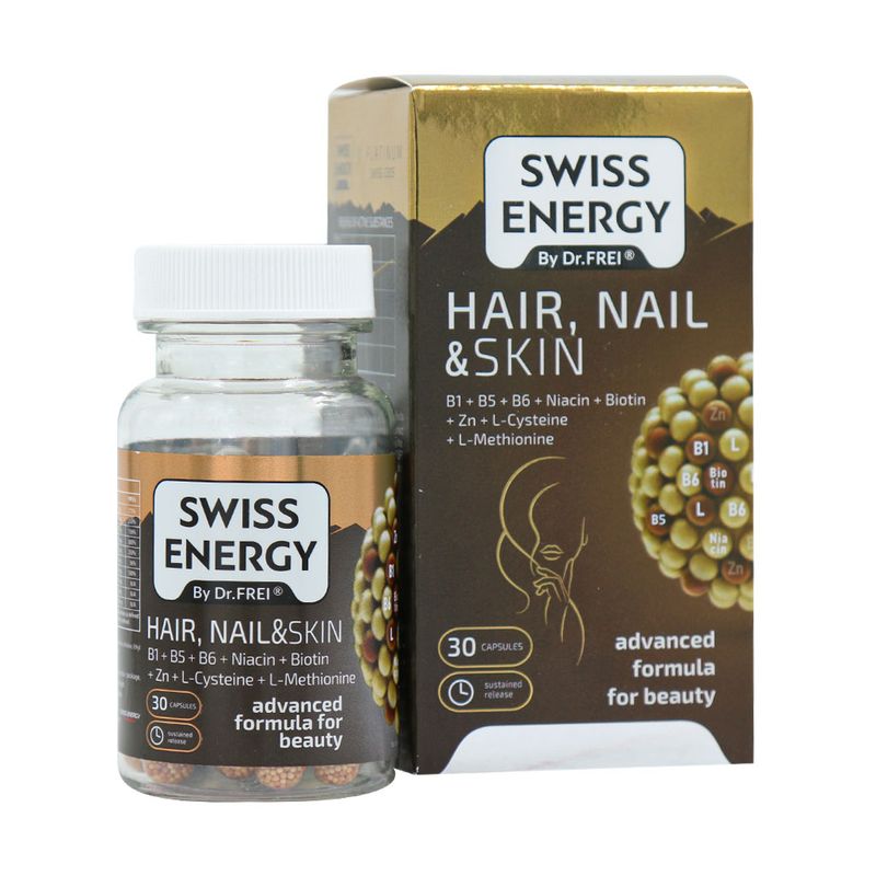 مکمل کپسولی تقویت مو ناخن و ترمیم پوست سوییس انرژی swiss energy بسته 30 عددی حاوی ویتامین a b c e کلسیم و روی برای حفظ سلامت سلول‌های پوست و افزایش استحکام مو و ناخن