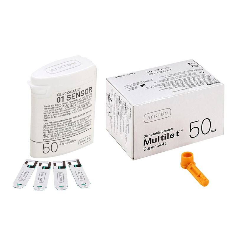 نوار تست قند خون آرکری مدل glucocard 01 sensor بسته 50 عددی به همراه سوزن تست قند خون آرکری مدل multilet super soft بسته 50 عددی