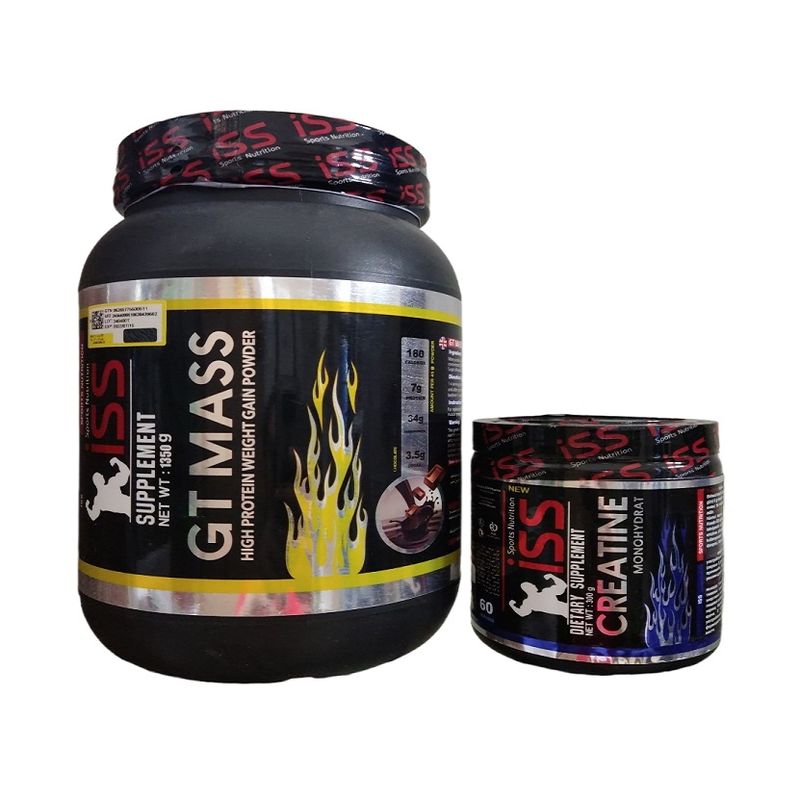 پودر جی تی مس آی اس اس 1350 گرم به همراه پودر کراتین مونوهیدرات آی اس اس 300 گرم