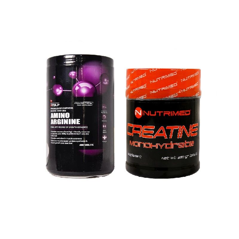 پودر کراتین مونوهیدرات نوتریمد 250 گرم به همراه قرص آمینو آرژینین ویتاپی بسته 400 عددی