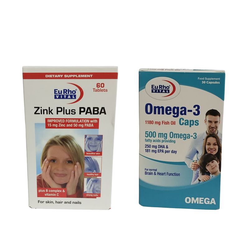 کپسول امگا 3 یوروویتال بسته 30 عددی به همراه قرص زینک پلاس پابا یوروویتال بسته 60 عددی